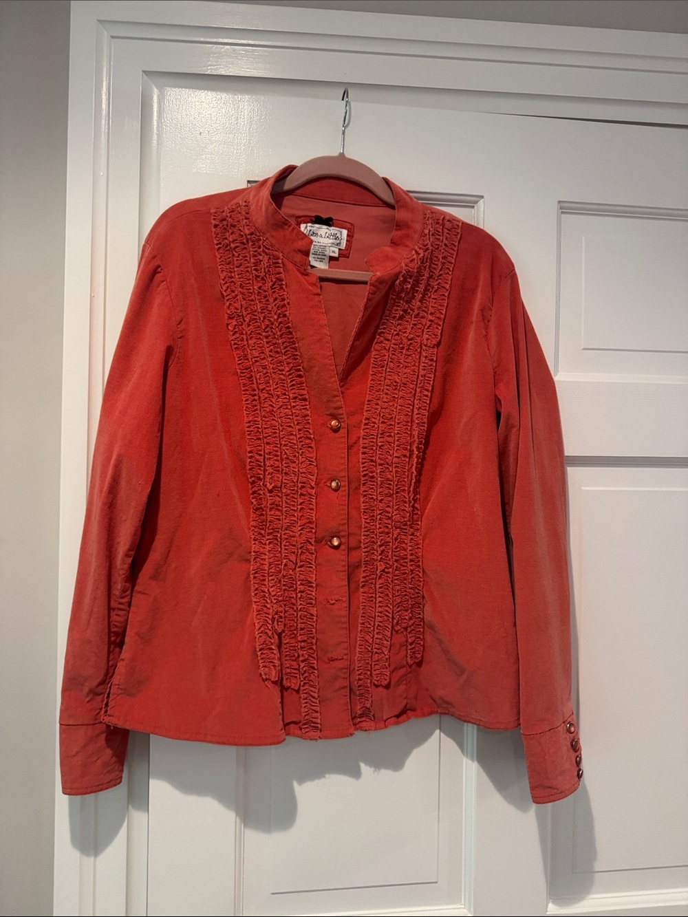 Live a Little coral velvet Ruffle-Trim Button Down Shirt